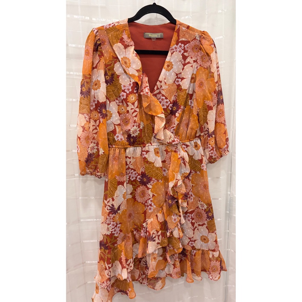 Melonie T Floral Ruffle V-Neck Dress Orange Yellow Retro Print Size 8